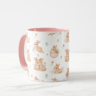 Mug Lapins mignons et motif de fleurs