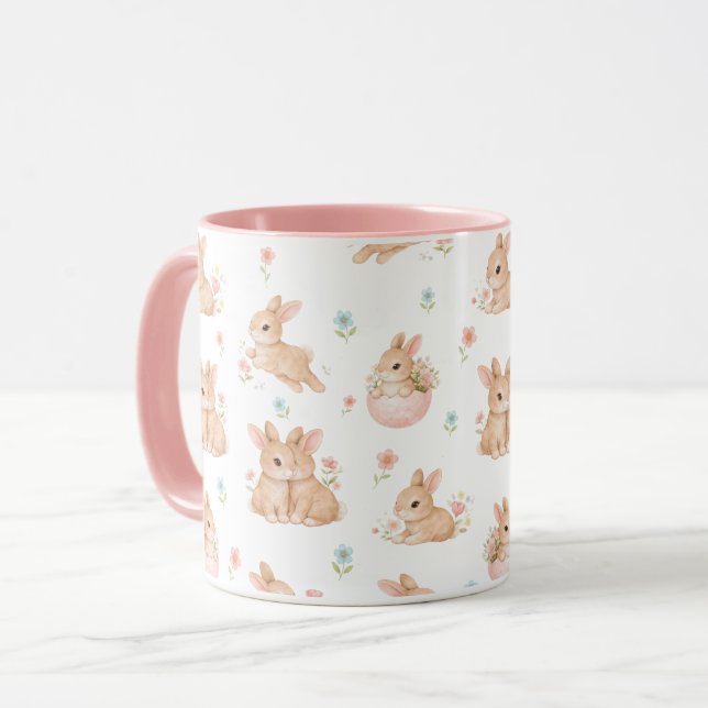 Mug Lapins mignons et motif de fleurs (Devant gauche)