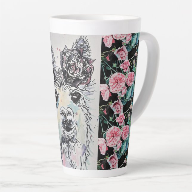 Mug Latte Alpacca Lama Roses Aquarelle Mignon (Angle droit)