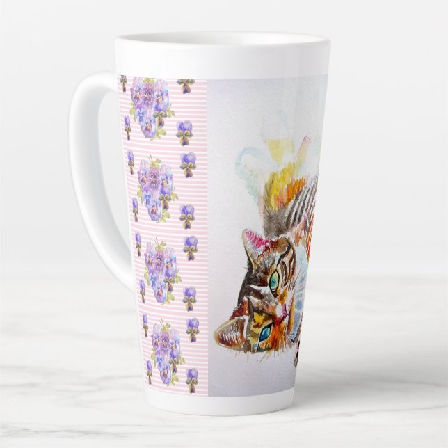Mug Latte Chat Tigré Rose Shabby Peint à la Main (Angle gauche)
