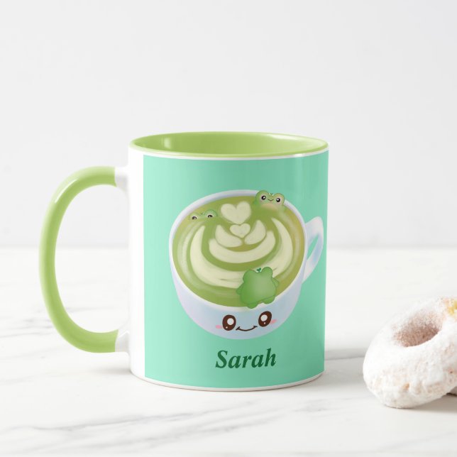 Mug Latte De Thé Vert Matcha Chaud Avec Cute Frogs (Avec donut)