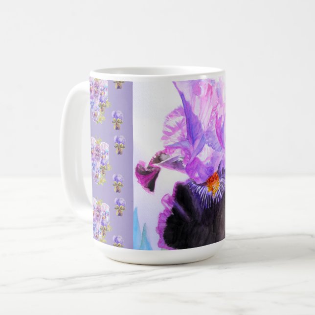 Mug Latte floral Iris Iris violet peint à la main (Devant gauche)