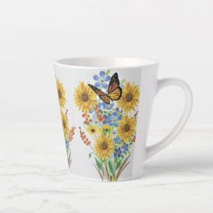 Mug Latte Papillon et Fleurs Jaunes