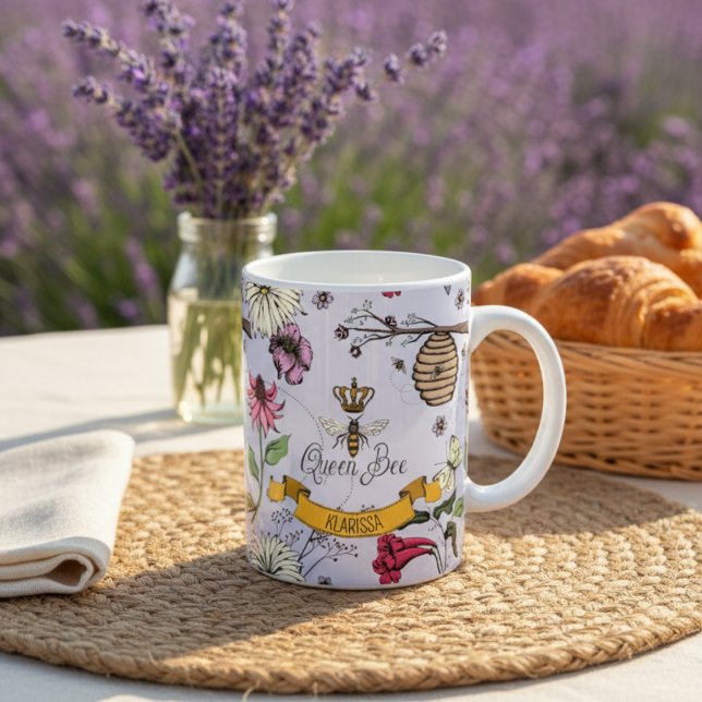 Mug Lavender We Love You Kids Photo & Name Queen Bee (Elegant Floral Queen Bee & Gold Crown Lavender Mug. Queen Bee, Beehive, Honeybees & Sumer Flowers)