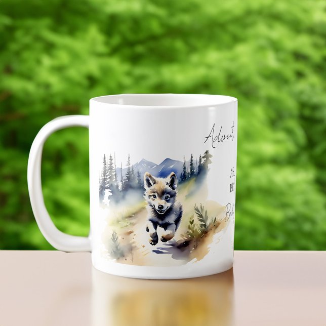 Mug L'aventure attend le loup club avec baby shower fa (Wolf cub adventure awaits baby shower favors personalized coffee mug watercolor cute wolf cub)