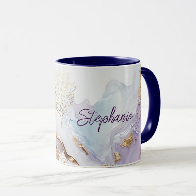 Mug Laver à l'aquarelle bleu violet monogramme (Devant droit)
