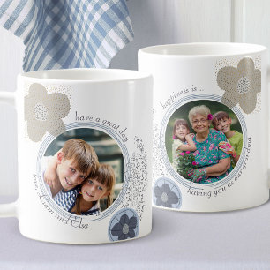 Mug Le bonheur est ..  2 Photo Fleurs Pop Art Bleu Gri