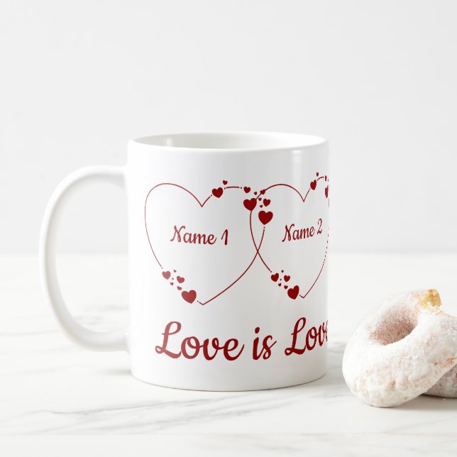 Mug Le cadeau de Valentine Deux Coeurs Deux Noms (Avec donut)