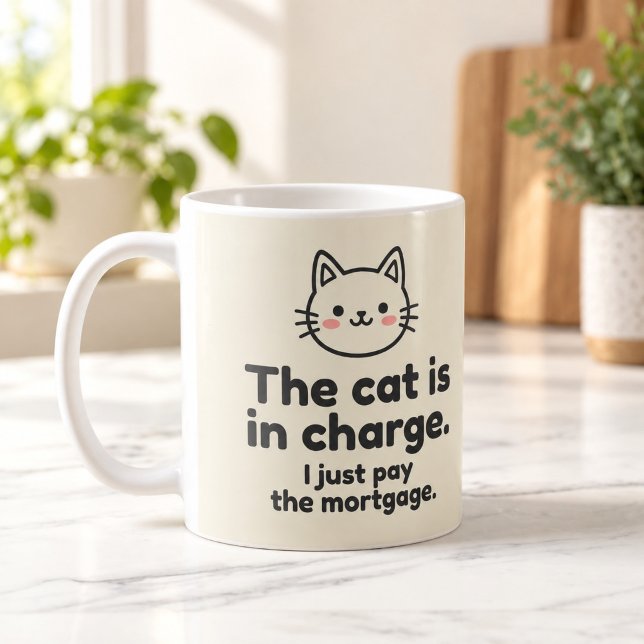 Mug Le Chat Est à la Maison Je Paie Simplement l'Hypot (The Cat Is in Charge I Just Pay the Mortgage Coffee Mug — digital mockup.)