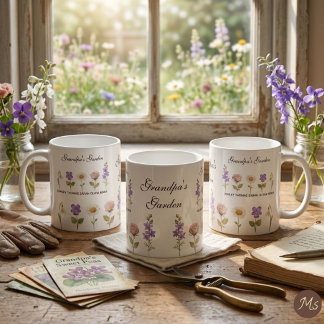 Mug Le jardin fleuri de grand-père avec 5 noms et fleu