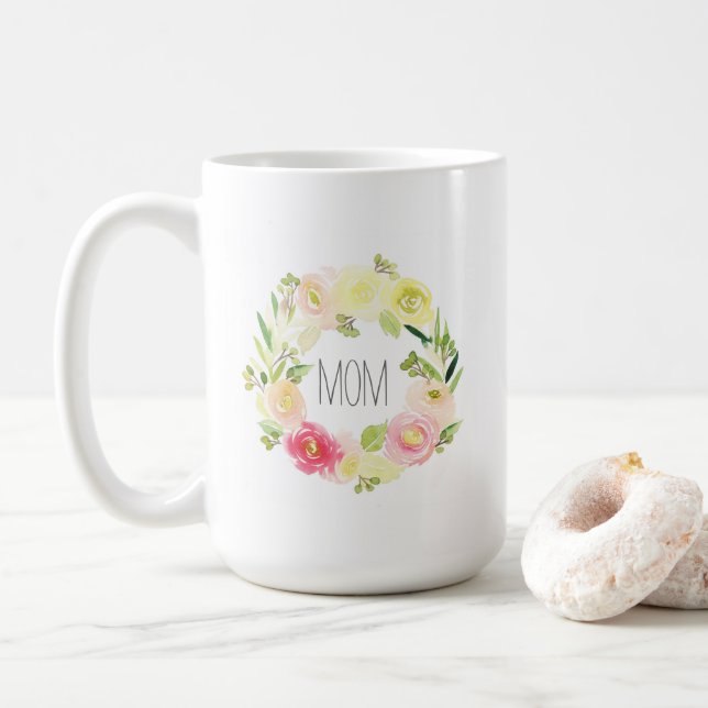 Mug Le jour de mère floral de l'aquarelle rose et (Avec donut)