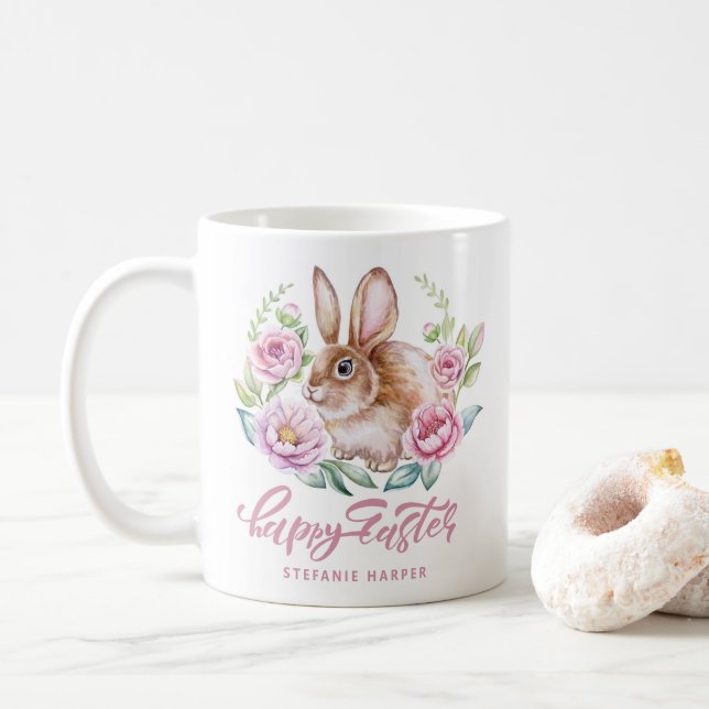 Mug Le lapin de la couleur de l'eau et les fleurs rose (Avec donut)