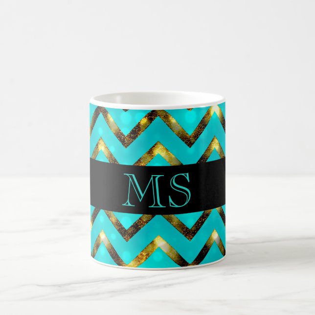 Mug Le monogramme bleu d'or de Chevron personnalisent (Centre)