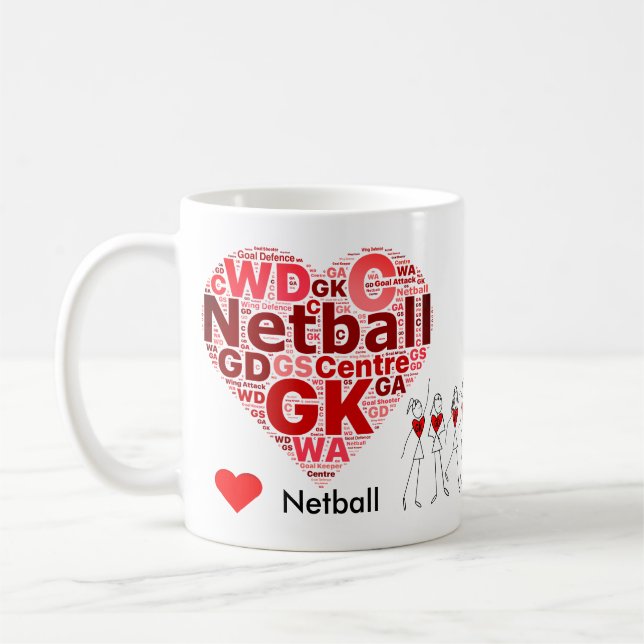 Mug Le net-ball de coeur place le nuage de mot (Gauche)
