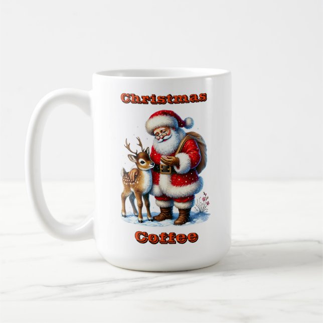 Mug Le Père Noël avec un cerf amical en neige hivernal (Gauche)