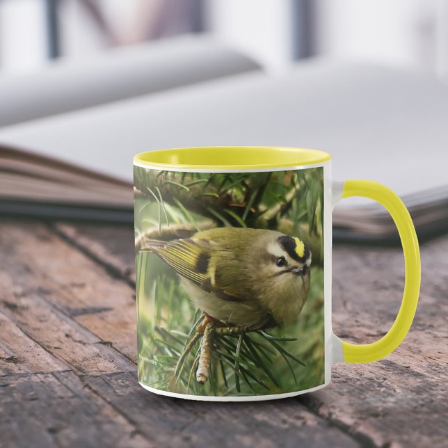Mug Le petit petit Kinglet mignon provoque un remue-mé (Cute Little Kinglet Causes a Stir in the Fir 11 oz Coffee Mug Cover Photo.)