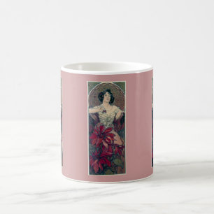 Mug le rouge d'art déco de mucha fleurit la femelle de