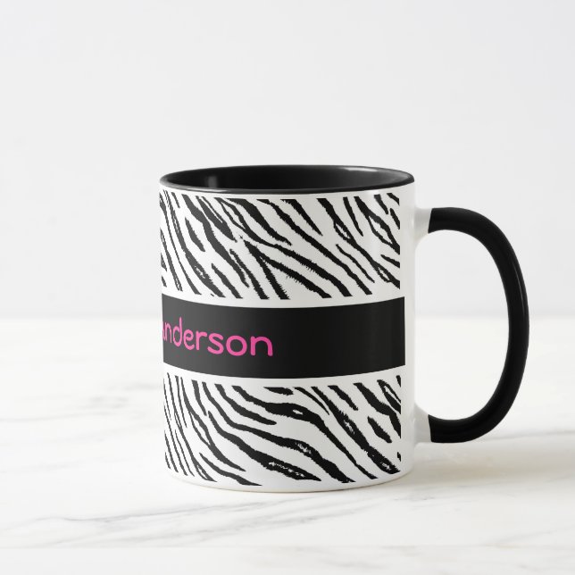 Mug Le tigre noir et blanc à la mode barre le nom rose (Droite)
