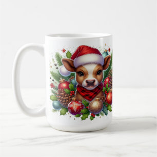 Mug Le veau à Santa Hat avec décorations de Noël