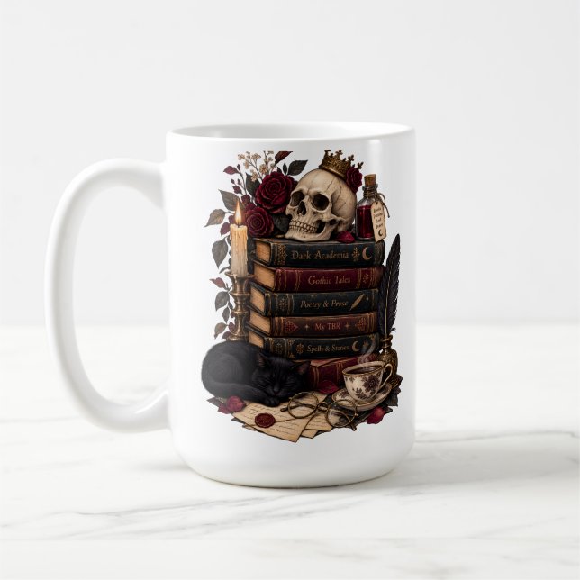 Mug Lecteur gothique, bibliophile, crâne et roses litt (Gauche)