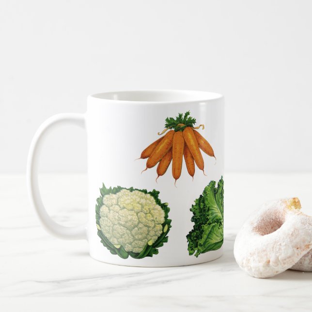 Mug Légumes vintages; Carottes, Chou-fleur, Laitue (Avec donut)