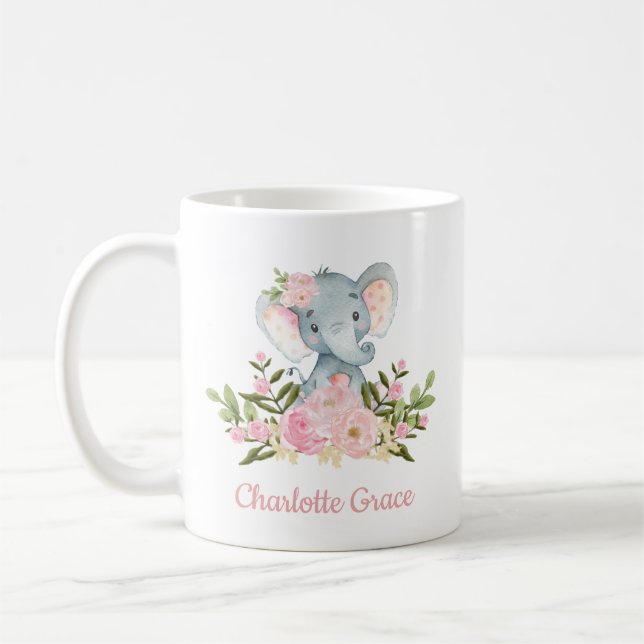 Mug L'éléphant Girly rougissent aquarelle rose florale (Gauche)