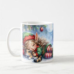 Mug L'elfe de Noël endormi avec un chaton calicot