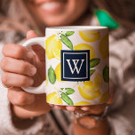 Mug Lemon Citrus Pattern Navy Monogram<br><div class="desc">This design features a watercolor lemon pattern with a navy blue square and monogram initial.</div>