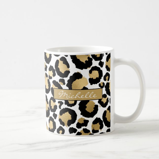 Mug Léopard blanc et doré Cube à café personnalisé (Droite)
