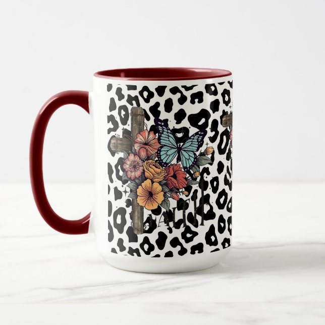 Mug Léopard des neiges Croix, Fleurs et Papillons (Gauche)