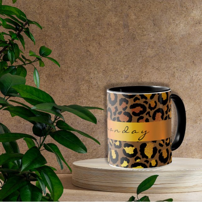 Mug Léopard Peau Noir Miel Or Nom de la bande Glam (Leopard Skin Black Honey Gold Stripe Name Glam Mug)