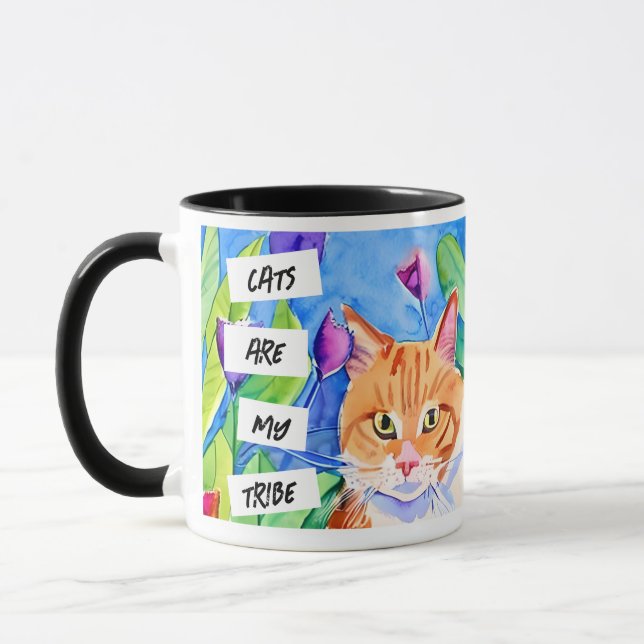 Mug Les chats sont ma tribu | Chat orange et fleurs (Gauche)