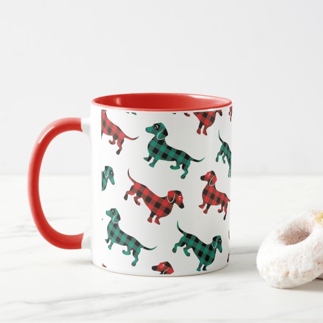 Mug Les Dachshunds de Noël de Buffalo Plaid Tartan (Avec donut)