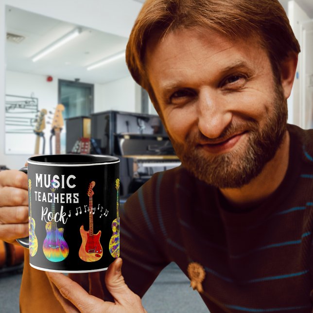 Mug Les professeurs de musique rock merci (Music teacher rock teacher thank you gift black coffee mug with colorful guitars and musical notes)