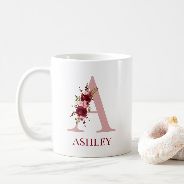 Mug Lettre A Floral Burgundy Blush (Avec donut)