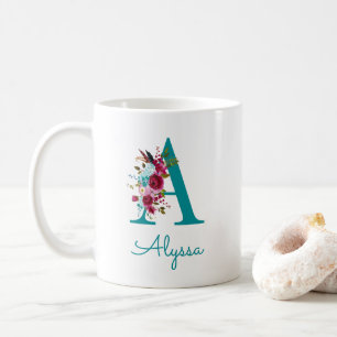 Mug Lettre A Floral rose Turquoise