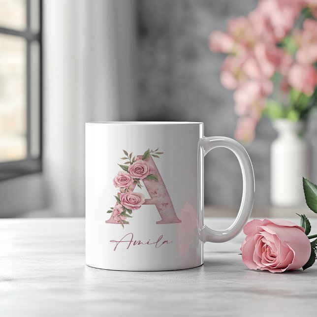Mug Lettre A Florale rose pastel personnalisée (Créateur téléchargé)