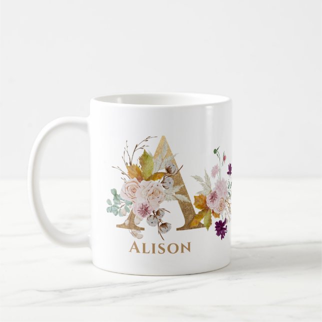 Mug Lettre A - Gold Floral Nom soeur collègue ami coll (Gauche)