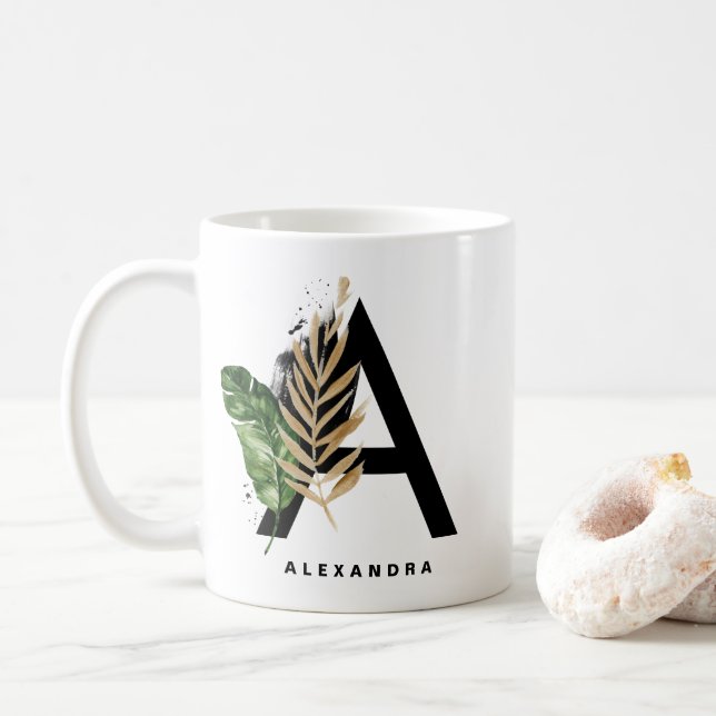 Mug Lettre A Monogram Gold Foil Tropical Personnalisé (Avec donut)