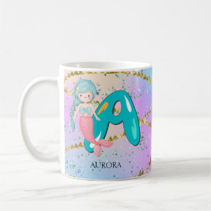 Mug Lettre A Monogramme Aquarelle mignonne Sirène