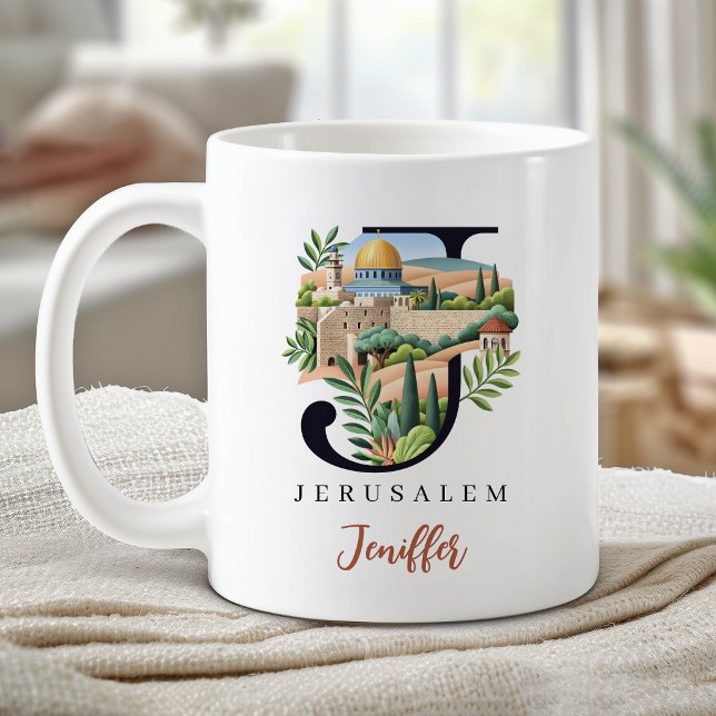Mug Lettre à monogramme de Jérusalem J Cadeau personna (Jerusalem Monogram Letter J Personalized Gift Coffee Mug)