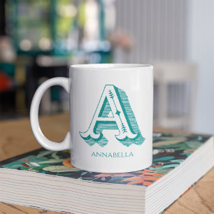 Mug Lettre A Monogramme Turquoise Nom moderne
