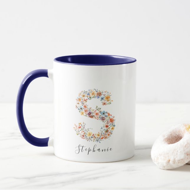 Mug LETTRE Aquarelle Florale S Monogramme & Nom person (Avec donut)