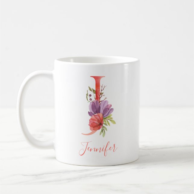 Mug Lettre assez rose "J " d'aquarelle (Gauche)