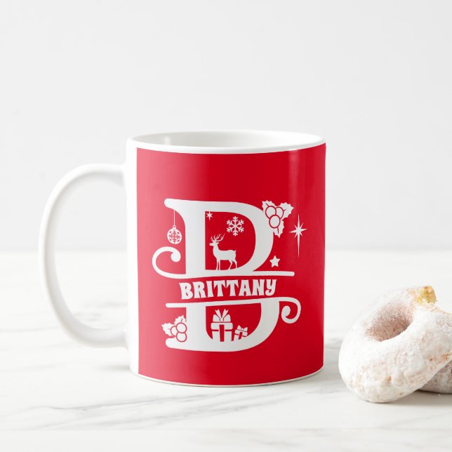 Mug Lettre B Noël Monogramme Nom initial Rouge (Avec donut)