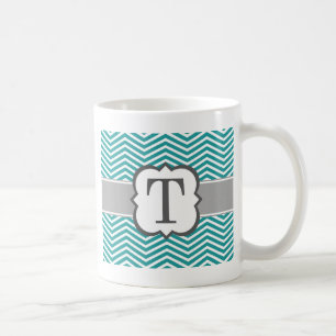Mug Lettre blanche turquoise T Chevron de monogramme
