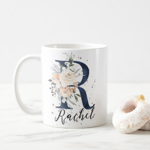 Mug LETTRE BLEUE DE LA Marine R Peach Crème Florale Mo