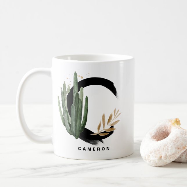 Mug Lettre boho C Monogramme Aquarelle Tropical Cactus (Avec donut)