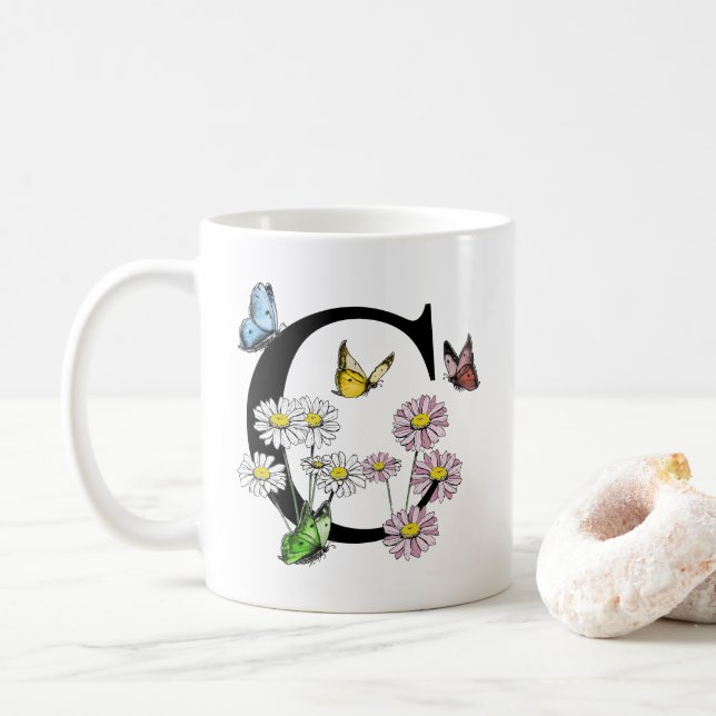 Mug Lettre C Aquarelle Botanique Papillon Monogramme (Avec donut)