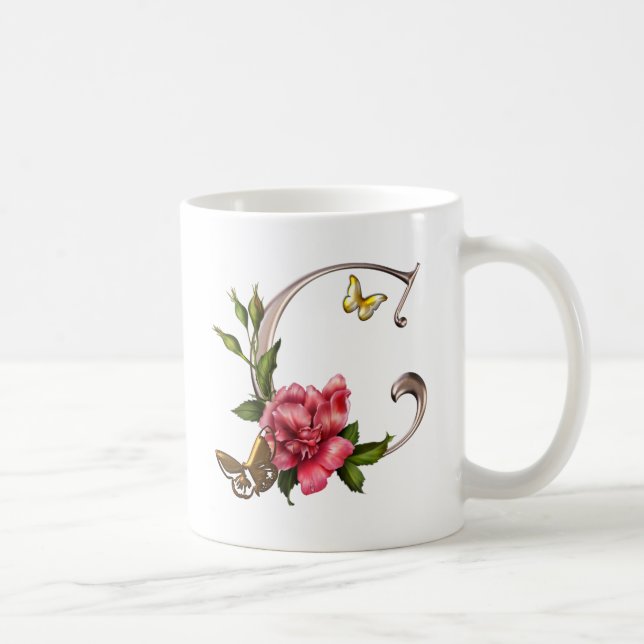 MUG LETTRE C DE MONOGRAMME AVEC ROSE ET DES PAPILLONS (Droite)